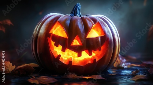 Halloween-themed jack-o'-lantern illustration, showcasing a carved pumpkin with glowing features and an eerie smile