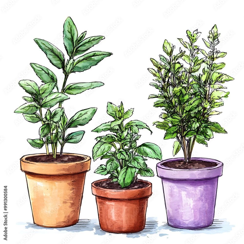 Obraz premium Watercolor illustration of potted herbs isolated on white background.