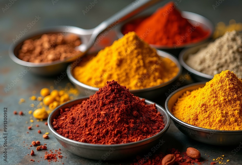 Colorful Indian Spices in Metal Bowls with a Silver Spoon Colorful Indian Spices in Metal Bowls with a Silver Spoon