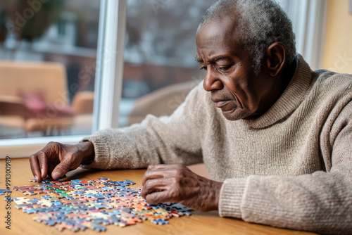 Elderly man is sitting at a table by the window, deeply absorbed in solving a jigsaw puzzle photo