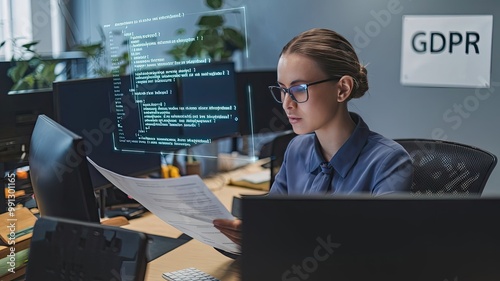 A futuristic office setting with a woman in a data analytics role. She is wearing glasses and is intently reading a script on a computer. There is a hologram of coding in the air above the desk. The b