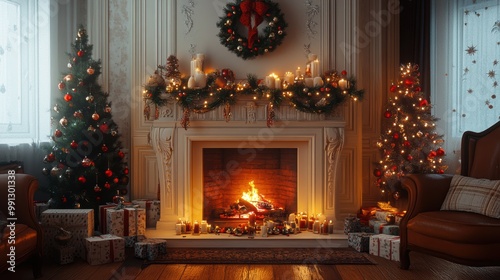 Cozy Festive Fireplace with Holiday Decorations