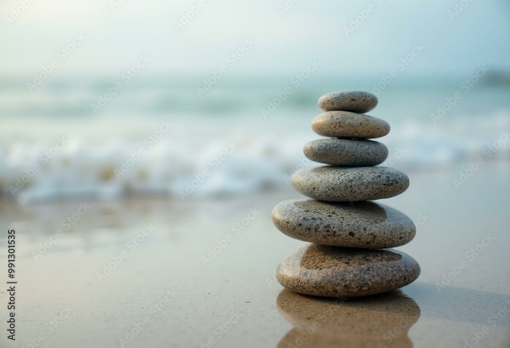 Balanced Stack of Smooth Pebbles on the Beach with Waves Behind Balanced Stack of Smooth Pebbles on the Beach with Waves Behind