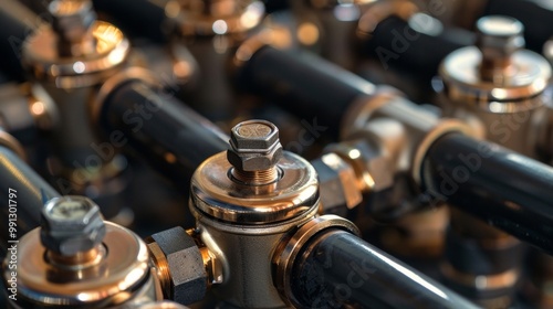 Close-up shot of a helicopter engine section highlighting intricate bronze and black pipes connecting to the main rotor hub. Displays machinery complexity with small