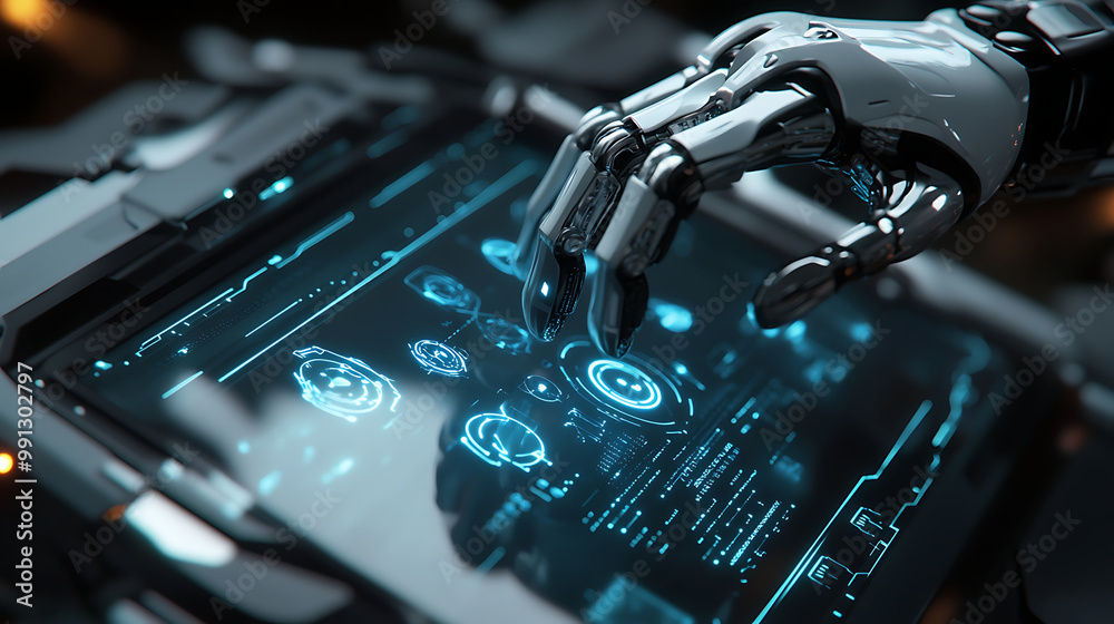 Futuristic robotic arm manipulating a holographic interface with AI-generated symbols Futuristic robotic arm manipulating a holographic interface with AI-generated symbols