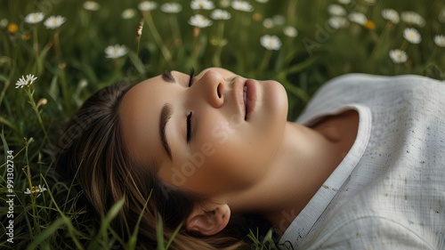 Serene woman enjoying nature's embrace while laying peacefully in lush meadow.