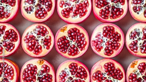 Neatly aligned rows of halved pomegranates, each showing the vibrant red seeds filling the frame in a pattern photo