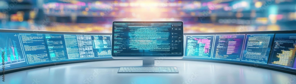 Futuristic workspace with multiple screens displaying data analysis and graphs. Futuristic workspace with multiple screens displaying data analysis and graphs.