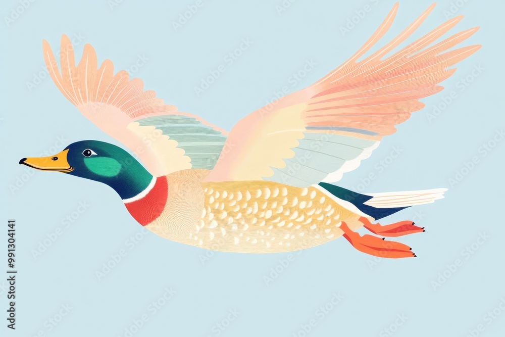 Coloring page of birds and animals in nature Illustration of a mallard duck in flight showcasing vibrant wings and feathers against a snowy backdrop Fun depiction of a brown duck soaring through t Coloring page of birds and animals in nature Illustration of a mallard duck in flight showcasing vibrant wings and feathers against a snowy backdrop Fun depiction of a brown duck soaring through t