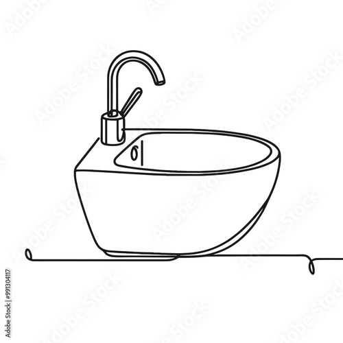 A sink with a faucet is shown in a black and white drawing. The sink is a small, round bowl with a silver faucet. The image is a simple, clean design that emphasizes the shape and form of the sink