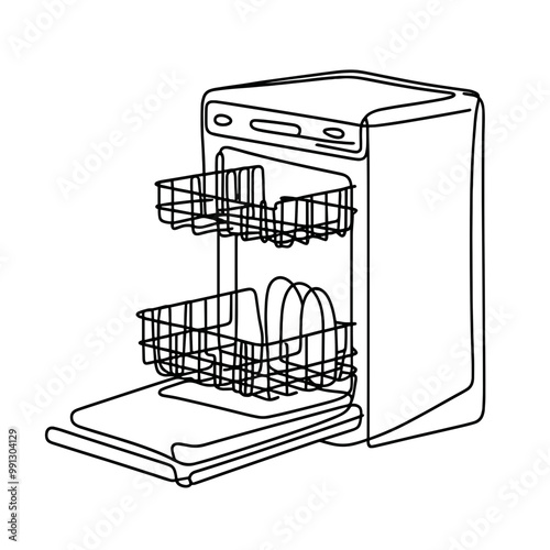 A dishwasher with two racks and a door. The dishwasher is white and has a black handle