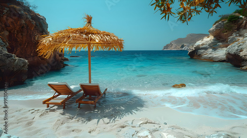 Two Beach Chairs Under a Straw Umbrella on a Sunny Day at the Beach