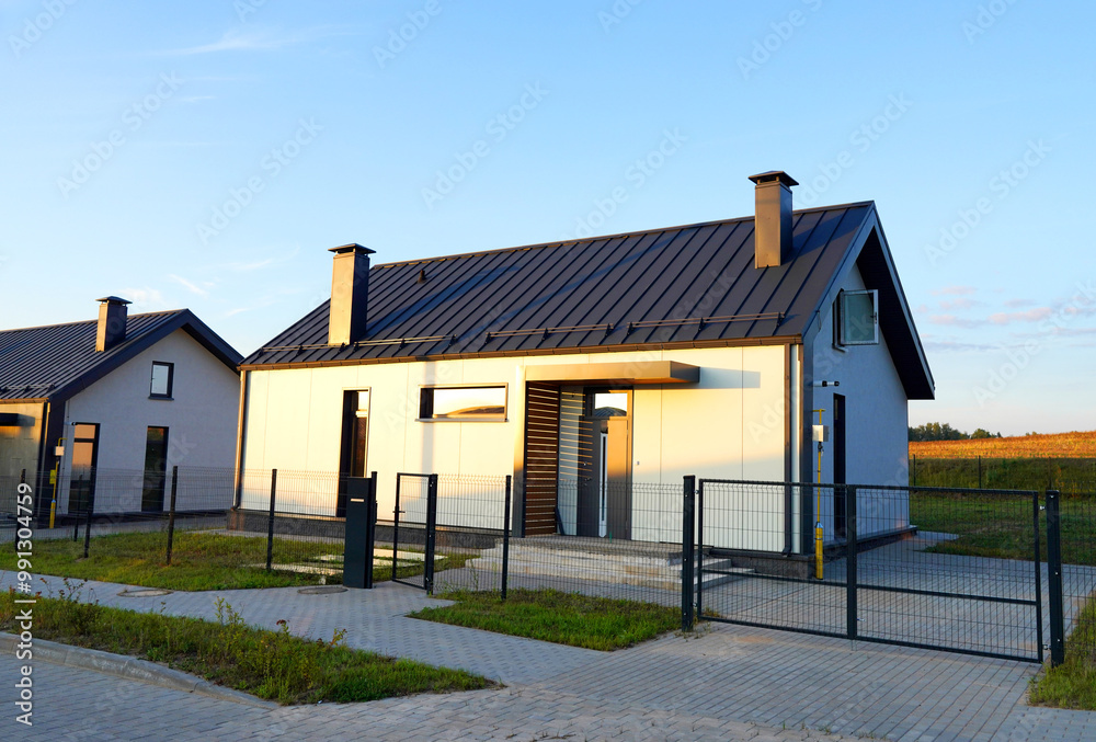 Modern home in village. Modern suburb house. Scandi home in country. Modern family house Project. Contemporary design a suburb house. Villa Design. Euro fence of Sustainable house.