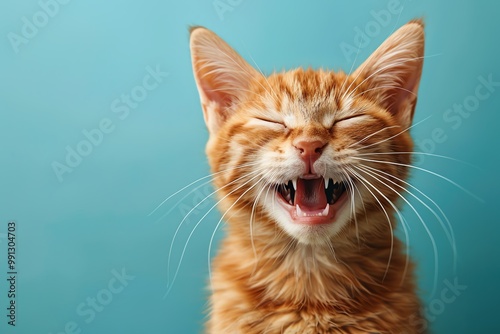 Laughing cat with closed eyes, light blue background