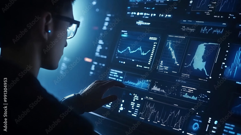 A person analyzing data on a screen with multiple graphs and charts. A person analyzing data on a screen with multiple graphs and charts.