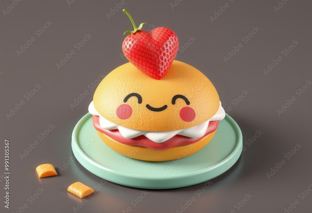 A cute, smiling, yellow, heart-shaped donut with a red strawberry and white frosting, on a green plate. A cute, smiling, yellow, heart-shaped donut with a red strawberry and white frosting, on a green plate.
