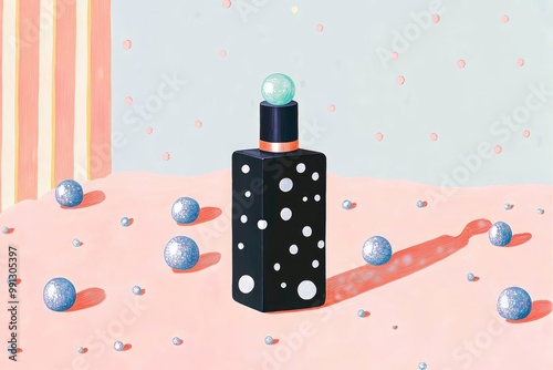 Illustration of an elegant black matte bottle of cosmetic product surrounded by silver decorative balls on a snowy background New Year s perfume theme