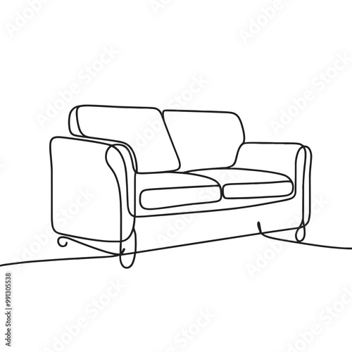 A couch is shown in a black and white drawing. The couch is a two-seater and is placed in a room. The couch is positioned in the middle of the room, with a line drawing of a floor in the background