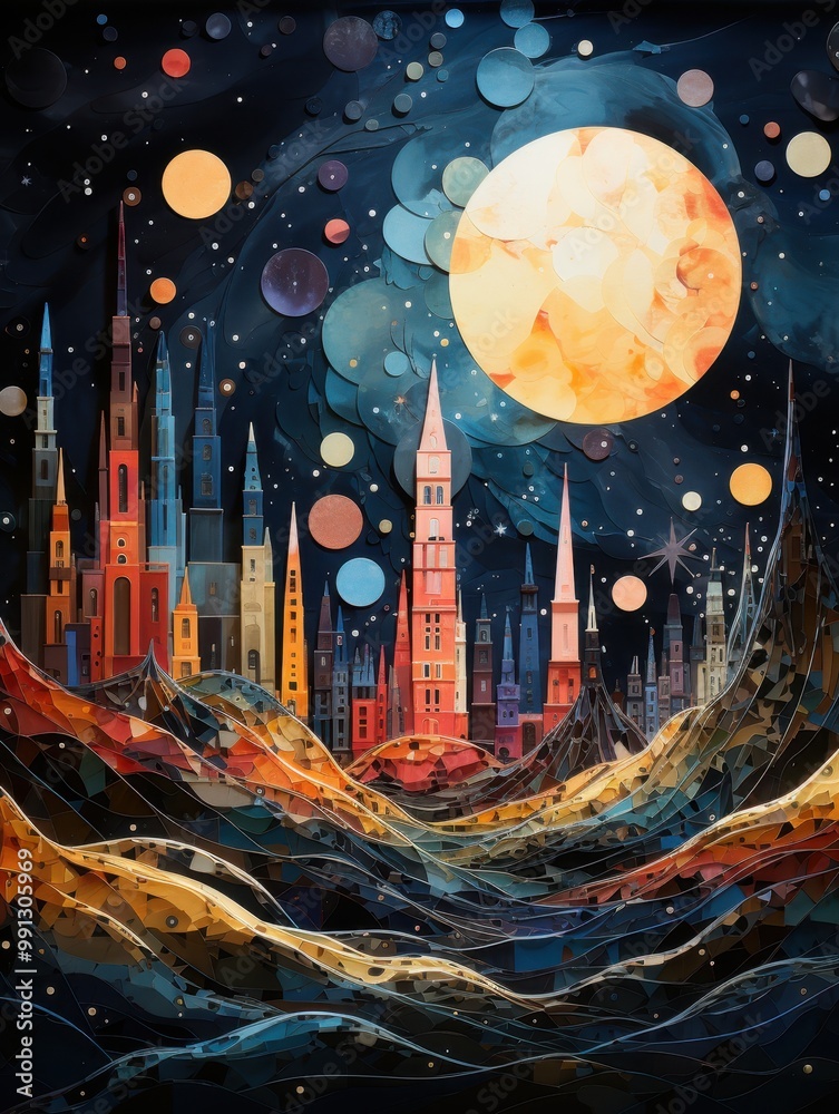 Obraz premium Colorful abstract cityscape under a large, glowing moon in a surreal night sky.
