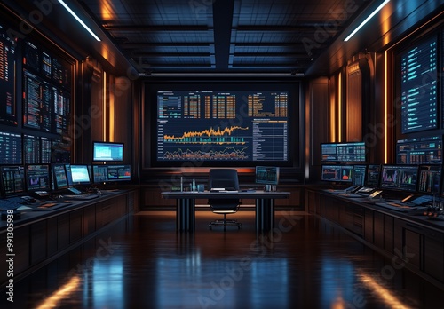 a stock market trading room with charts and graphs