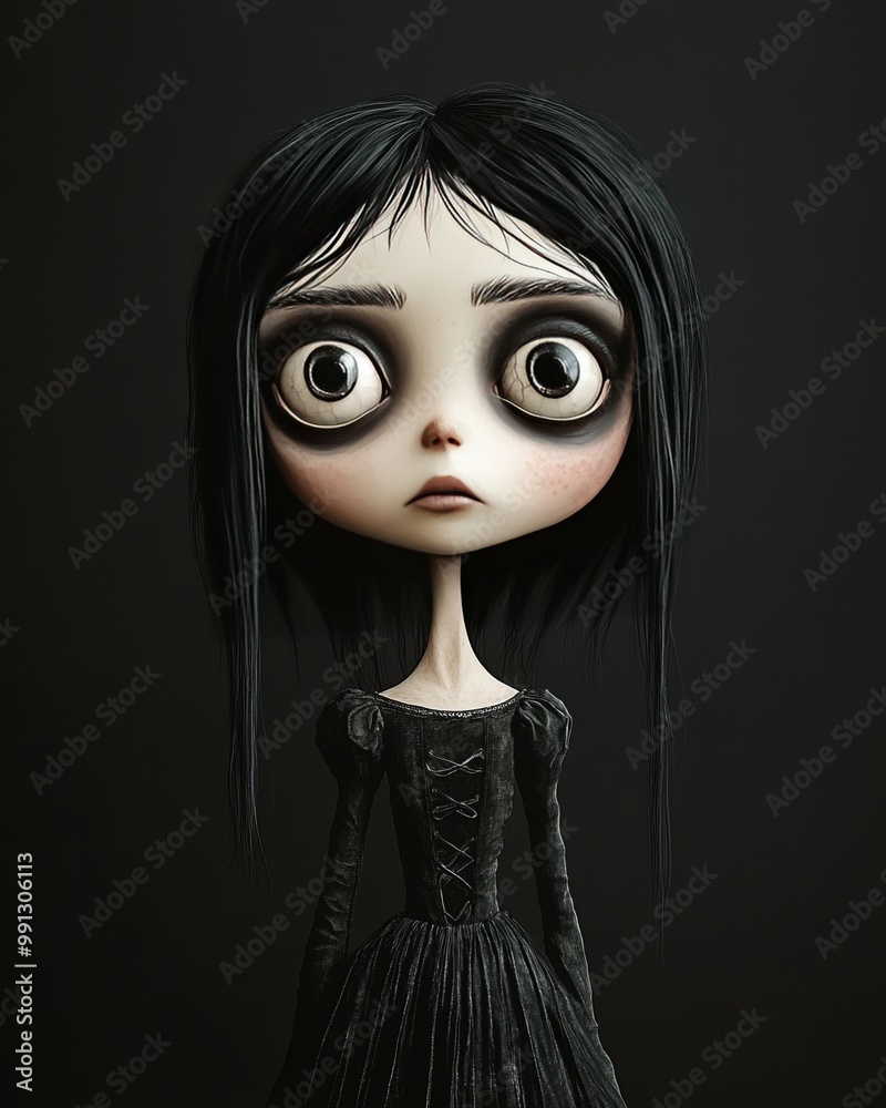 A spooky, 3D-rendered doll with large eyes and a dark dress.