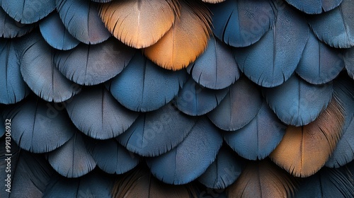 A close-up image showcasing vibrant feathers in shades of blue and orange, revealing intricate patterns and textures. Beautiful natural colors. photo