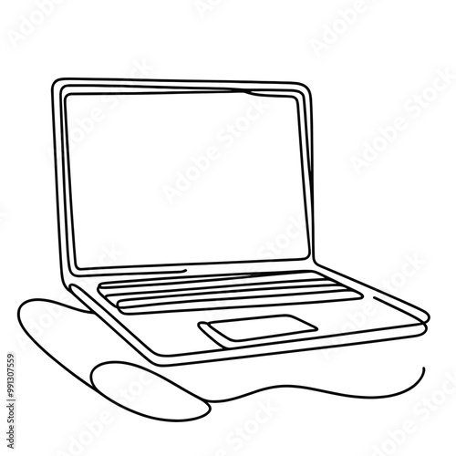 A laptop is shown in a black and white drawing. The laptop is open and the screen is blank. The laptop is placed on a surface, and there is a mouse nearby. Concept of technology and productivity