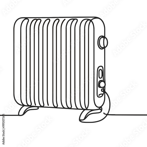 A black and white drawing of a heater. The heater is a small heater with a black handle
