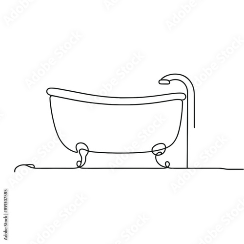 A bathtub with a faucet and a drain. The bathtub is white and has a black handle