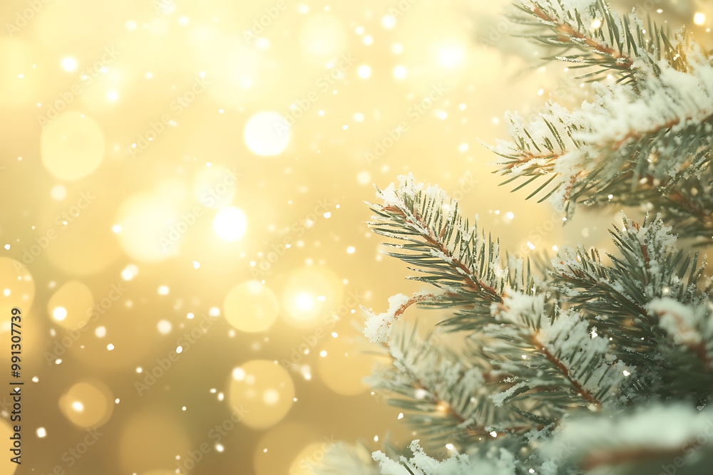 Yellow Christmas Background with Snow-Covered Trees Yellow Christmas Background with Snow-Covered Trees