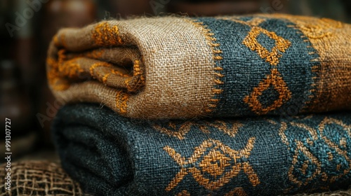 A close-up of beautifully rolled textiles featuring intricate patterns in earthy colors, emphasizing craftsmanship. Ideal for decor or fashion use. photo