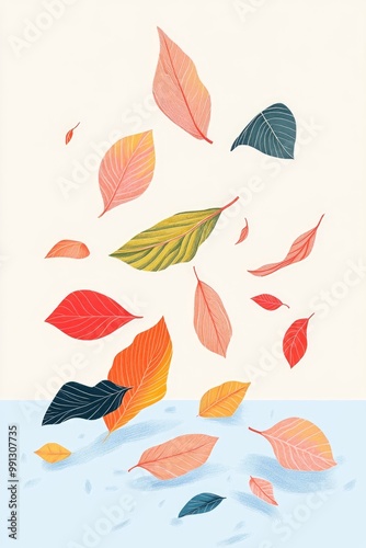 Coloring book illustration of vibrant autumn leaves in shades of gold red and orange scattered on the ground against a blank background