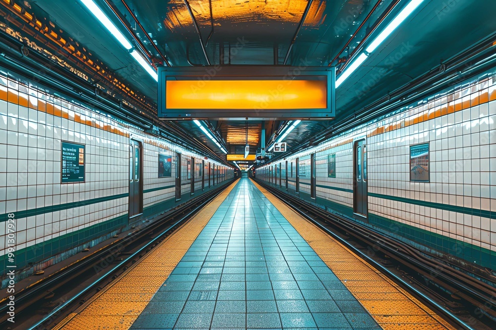 Subway station with a central blank ad board, commuters and trains, bustling atmosphere Subway station with a central blank ad board, commuters and trains, bustling atmosphere