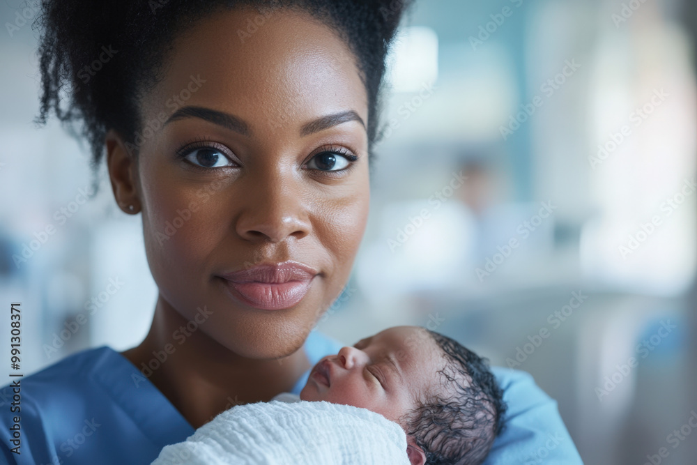 Confident doctor is holding a newborn baby in a hospital room Confident doctor is holding a newborn baby in a hospital room