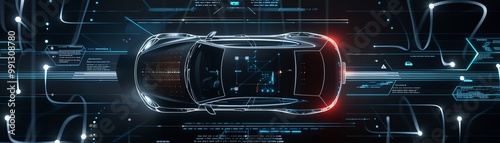 Top view of a sleek black car with a digital interface overlay, minimalistic background, bright lighting