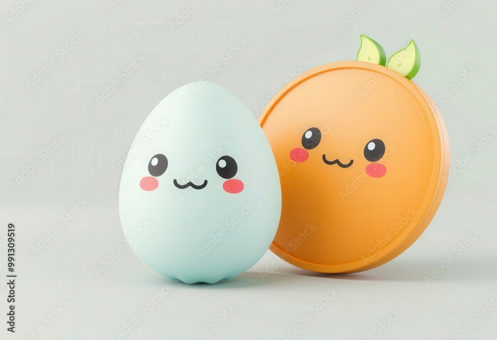 A pastel blue egg and orange circle with cute cartoon faces stand on a light gray background.