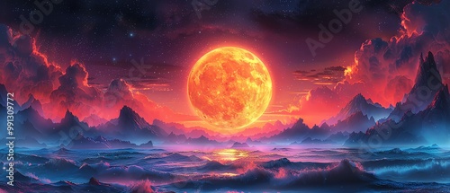 Vintage moon over mountains, retro space scene, vibrant colors