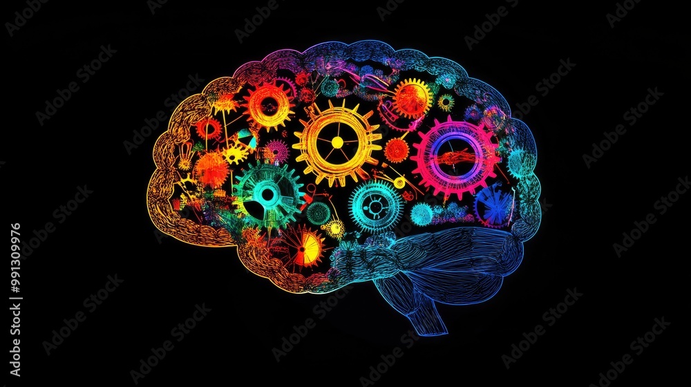 A brain image with bright, colorful gears inside, symbolizing the connection between innovation, smart ideas, and creative thought processes A brain image with bright, colorful gears inside, symbolizing the connection between innovation, smart ideas, and creative thought processes