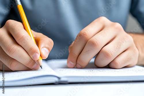 A close-up of a studentâ€™s hand writing notes in a notebook, with a pencil and paper showing detailed handwriting