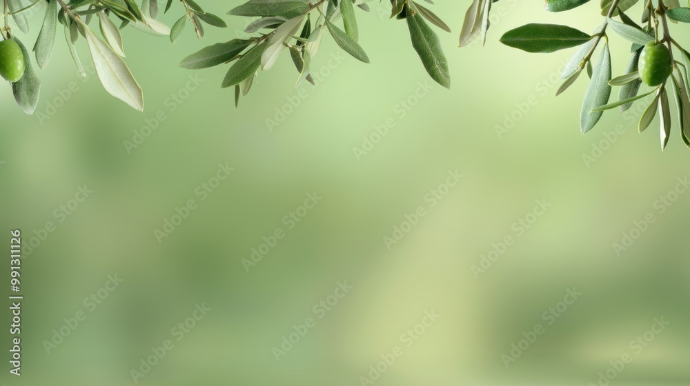 Close-Up of Olive Tree Branches with Green Leaves and Olives Against a Blurred Green Background. Close-Up of Olive Tree Branches with Green Leaves and Olives Against a Blurred Green Background.