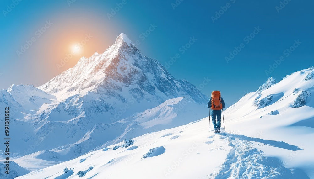 A lone hiker ascending a snow-covered mountain at sunrise, surrounded by vast icy landscapes, showcasing adventure and tranquility. A lone hiker ascending a snow-covered mountain at sunrise, surrounded by vast icy landscapes, showcasing adventure and tranquility.