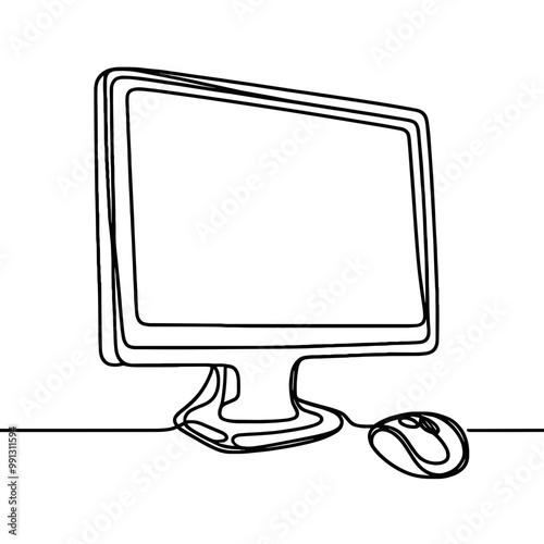 A computer monitor and mouse are shown in a black and white drawing. The computer monitor is turned off and the mouse is placed on the desk. Concept of simplicity and minimalism