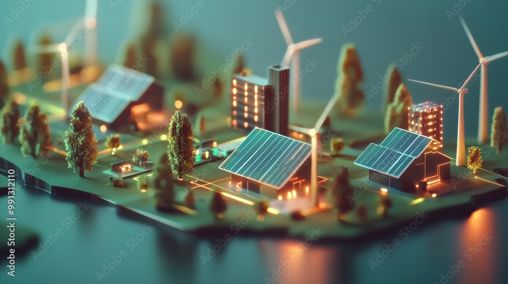 Obraz premium Eco friendly Energy Efficient Urban Landscape Model with Renewable Power Solutions