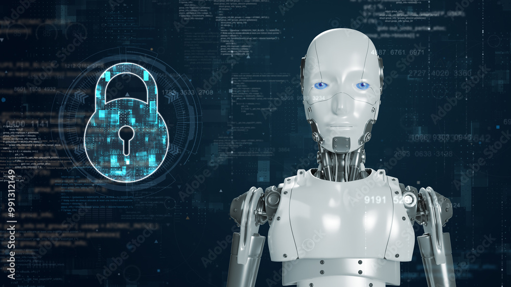 A robot against a high-tech digital background and a glowing robot icon and binary code with artificial intelligence (AI) with security technology and firewall concepts A robot against a high-tech digital background and a glowing robot icon and binary code with artificial intelligence (AI) with security technology and firewall concepts