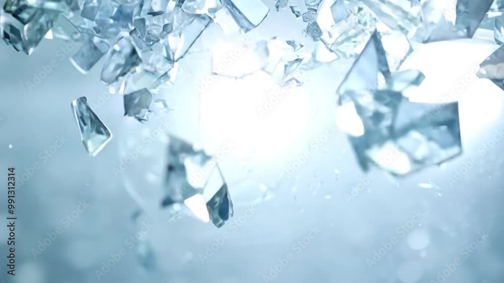 Pieces of glass are cascading downwards, capturing light in a vibrant blue setting, creating an ethereal and dynamic visual effect as they fall Pieces of glass are cascading downwards, capturing light in a vibrant blue setting, creating an ethereal and dynamic visual effect as they fall