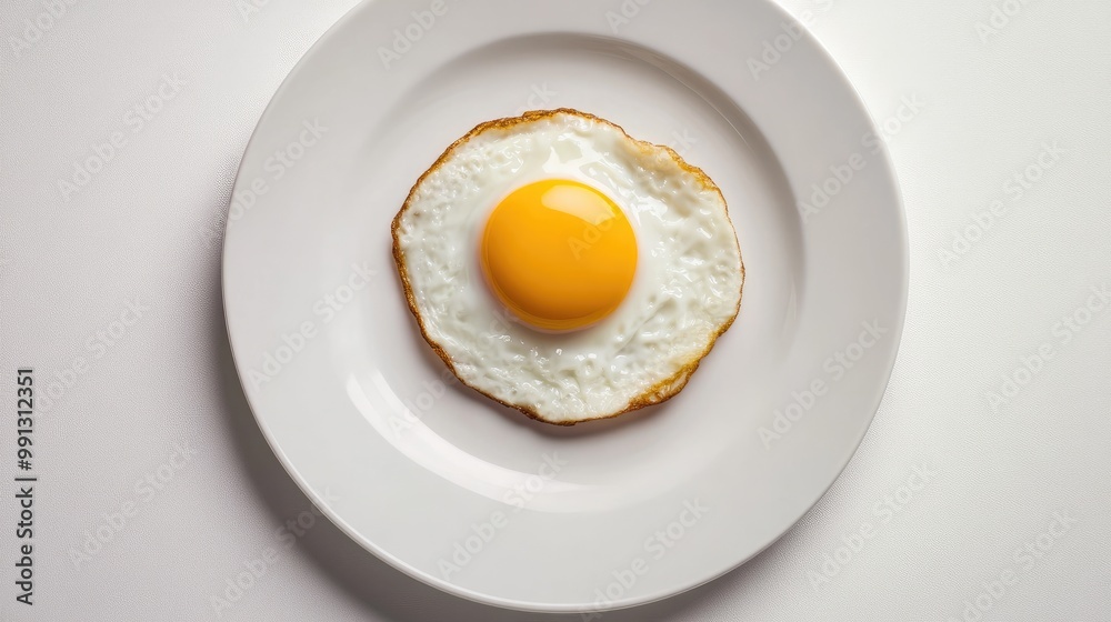 Minimalist composition of a single fried egg resting on a plain white plate, emphasizing simplicity and elegance Minimalist composition of a single fried egg resting on a plain white plate, emphasizing simplicity and elegance