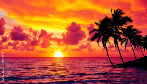 A breathtaking tropical sunset scene unfolds with vibrant hues of orange, pink, and purple engulfing the sky as the sun dips below the horizon, casting a warm glow over the serene ocean. 