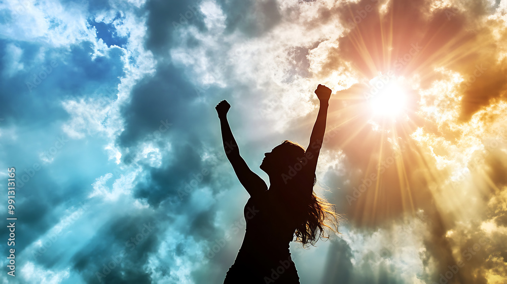 Silhouette of a woman raising her fist in victory, with rays of sunlight breaking through the clouds behind her Silhouette of a woman raising her fist in victory, with rays of sunlight breaking through the clouds behind her