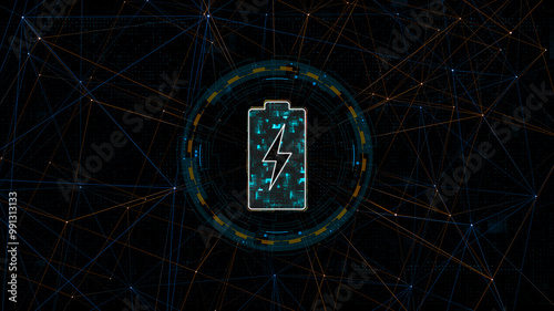 Blue digital battery logo with circle futuristic HUD elements and orange line connection with power reserve concepts on abstract background
