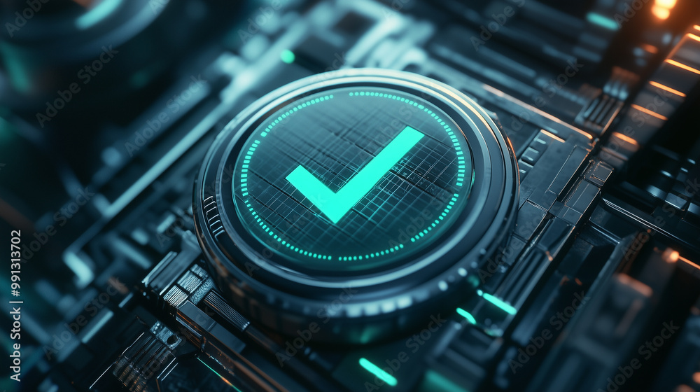 Sleek Confirmation: 3D Checkmark Icon on a Futuristic Button Sleek Confirmation: 3D Checkmark Icon on a Futuristic Button